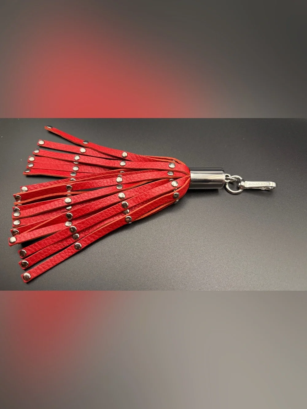 Michael Kors Red Leather Tassel Keychain with Silver Hardware